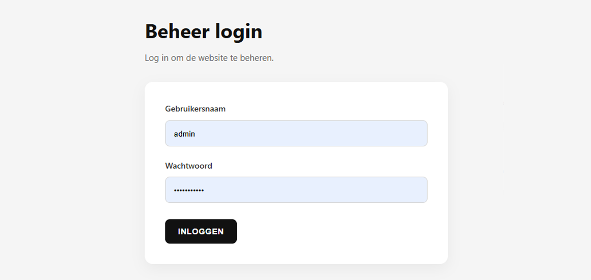 Screenshot van de beheerlogin